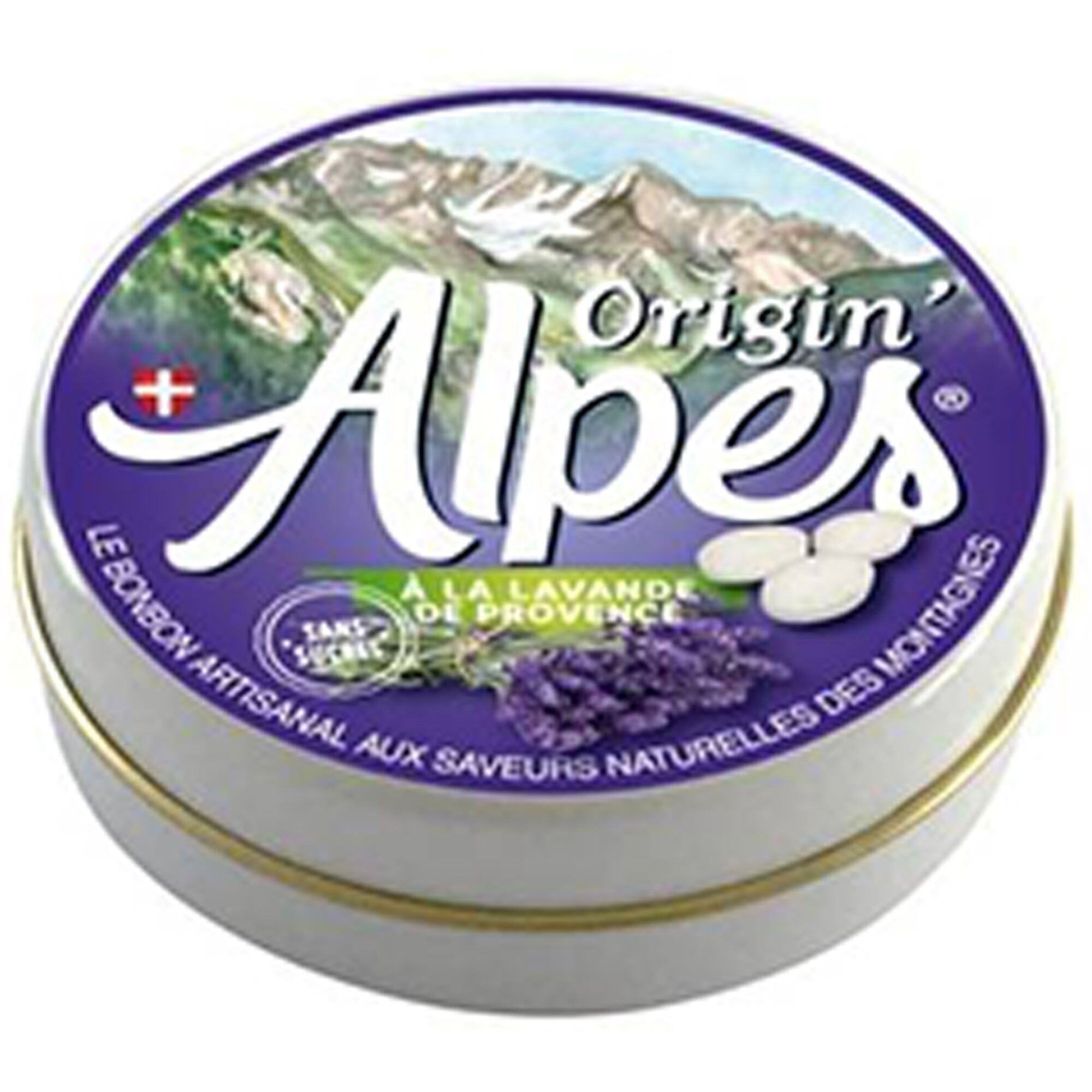 alla Lavanda della Provenza - 40 pastiglie caramelle - Scatola in metallo Net 35G - diametro 75mm
Origin'Alpes: La Caramella Artigianale Con Aromi Naturali Di Montagna
Traduzione in inglese sull'etichetta