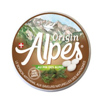 au Pin des Alpes - 40 bonbons pastilles - Boite métallique 35G net - diamètre 75mm
Origin'Alpes : Le Bonbon Artisanal Aux Saveurs Naturelles Des Montagnes
Traduction Anglaise sur l'étiquette 2