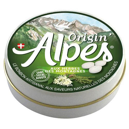 aux Herbes des Montagnes - 40 bonbons pastilles - Boite métallique 35G net - diamètre 75mm
Origin'Alpes : Le Bonbon Artisanal Aux Saveurs Naturelles Des Montagnes
Traduction Anglaise sur l'étiquette