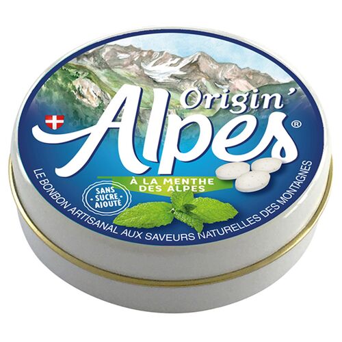à la Menthe des Alpes - 40 bonbons pastilles - Boite métallique 35G net - diamètre 75mm
Origin'Alpes : Le Bonbon Artisanal Aux Saveurs Naturelles Des Montagnes
Traduction Anglaise sur l'étiquette