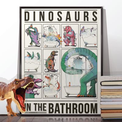 Dinosaures dans la salle de bain. Affiche sans cadre