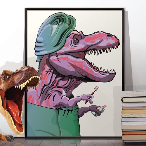 Tyrannosaurus Rex dinosaur cleaning their teeth. Unframed poster