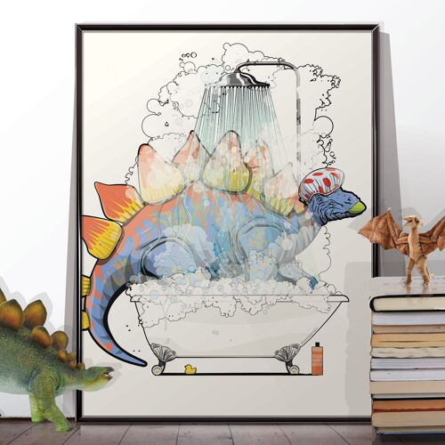 Stegosaurus dinosaur in the shower. Unframed poster