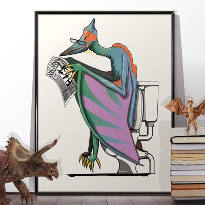Dinosaure ptérodactyle sur les toilettes. Affiche sans cadre