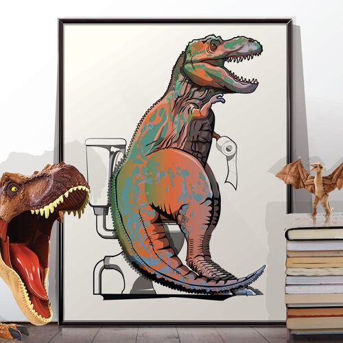 Tyrannosaurus Rex dinosaur on the Toilet. Unframed poster