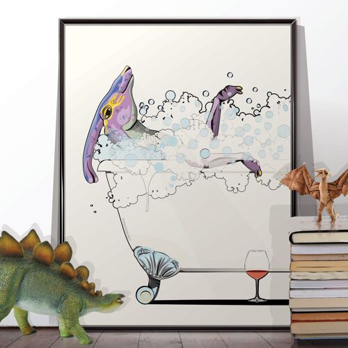 Parasaurolophus dinosaur in the bath. Unframed poster