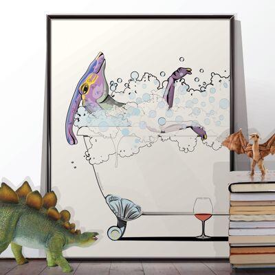 Dinosauro Parasaurolophus nella vasca da bagno. Poster senza cornice