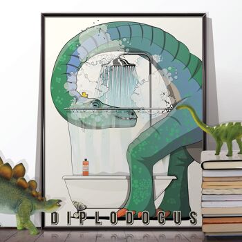 Dinosaure Diplodocus sous la douche. Affiche sans cadre 1