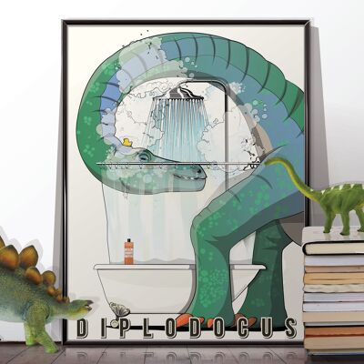 Dinosaure Diplodocus sous la douche. Affiche sans cadre
