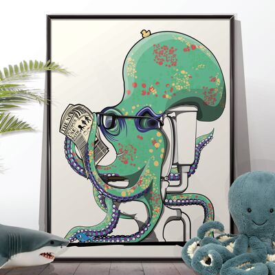Octopus Squid on the toilet, Sea Life bathroom poster. Funny Toilet Humour. Home bath Décor. Unframed Poster