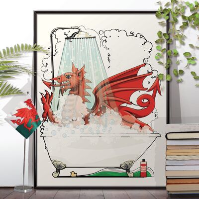 Welsh Dragon in the shower poster. Bathroom wall art, Home Décor. Unframed Poster