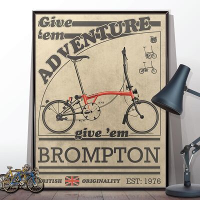 Annuncio di bicicletta Brompton in stile vintage. Poster senza cornice