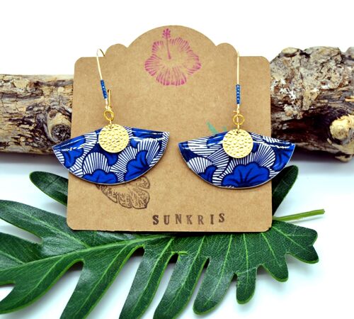 Boucles d'oreilles africaine dormeuses éventail imprimé wax fleur mariage bleu et doré