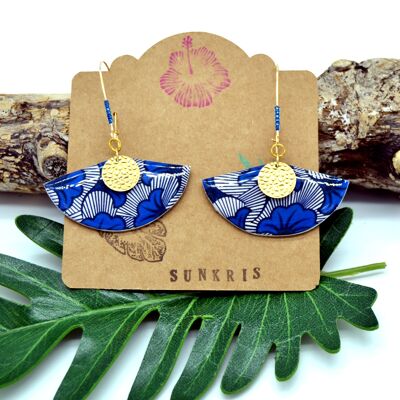 African sleeper earrings fan printed wax flower wedding blue and gold