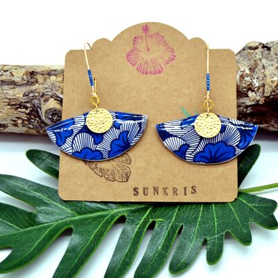 Afrikanische Schläferohrringe Fächer bedruckte Wachsblumenhochzeit blau und gold