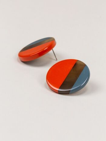 Boucles d'oreille disques laqués orange et gris-bleu 2