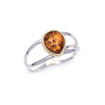 Bague avec ambre cognac de la mer Baltique goutte, en argent rhodié 925/1000 - SA3266ROR