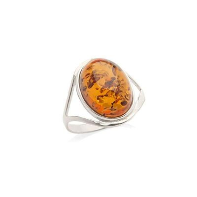 Bague grande pierre avec ambre cognac naturel ovale, en argent rhodié 925/1000 - AJP7-182R