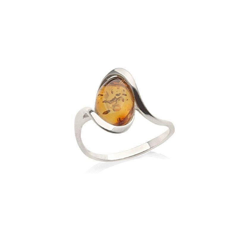 Anello con ambra cognac naturale del Mar Baltico ovale, in argento rodiato 925/1000 - AMP0022R