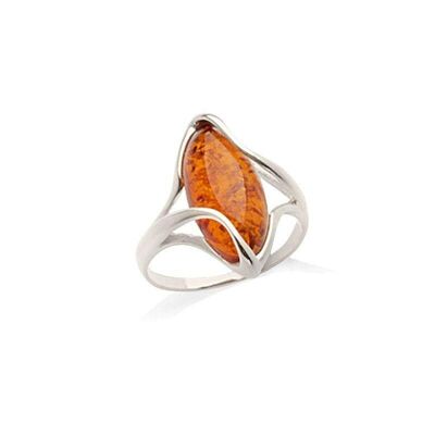 Bague avec ambre cognac de la mer Baltique navette, en argent rhodié 925/1000 - KM203PR