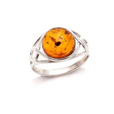 Anello con ambra cognac naturale del Mar Baltico rotonda, in argento rodiato 925/1000 - AJP7-421R
