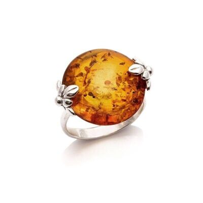 Bague grande pierre ronde avec ambre cognac rond, en argent rhodié 925/1000 - GDP00282-1R
