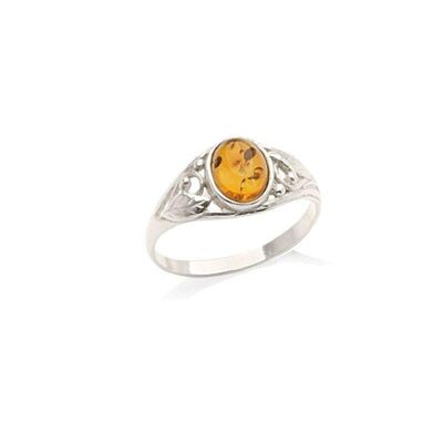 Anello con ambra cognac naturale del Mar Baltico ovale, in argento rodiato 925/1000 - AMP00124R