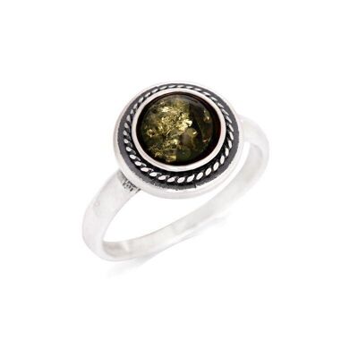 Anello con ambra verde naturale rotonda del Mar Baltico, in argento rodiato invecchiato 925/1000 - AJP7-407GR