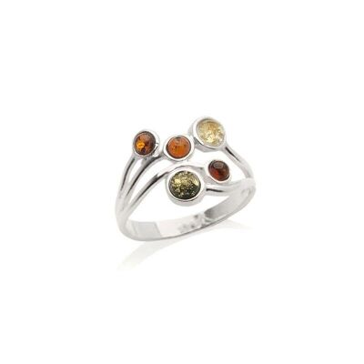 Anillo con ámbar redondo multicolor del Mar Báltico, en plata rodiada 925/1000 - MGP29R