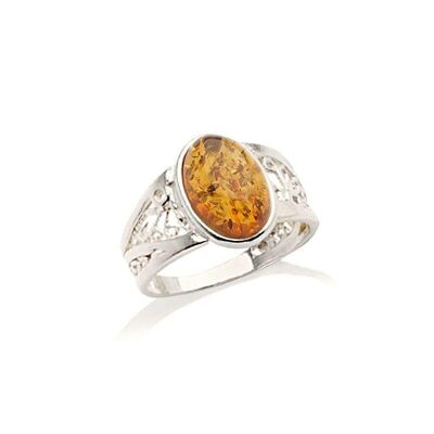 Anillo con ámbar coñac natural del Mar Báltico ovalado, en plata rodiada 925/1000 - KM148PR