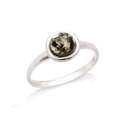 Anello con ambra verde naturale rotonda del Mar Baltico, in argento rodiato 925/1000 - AJP7-350VR