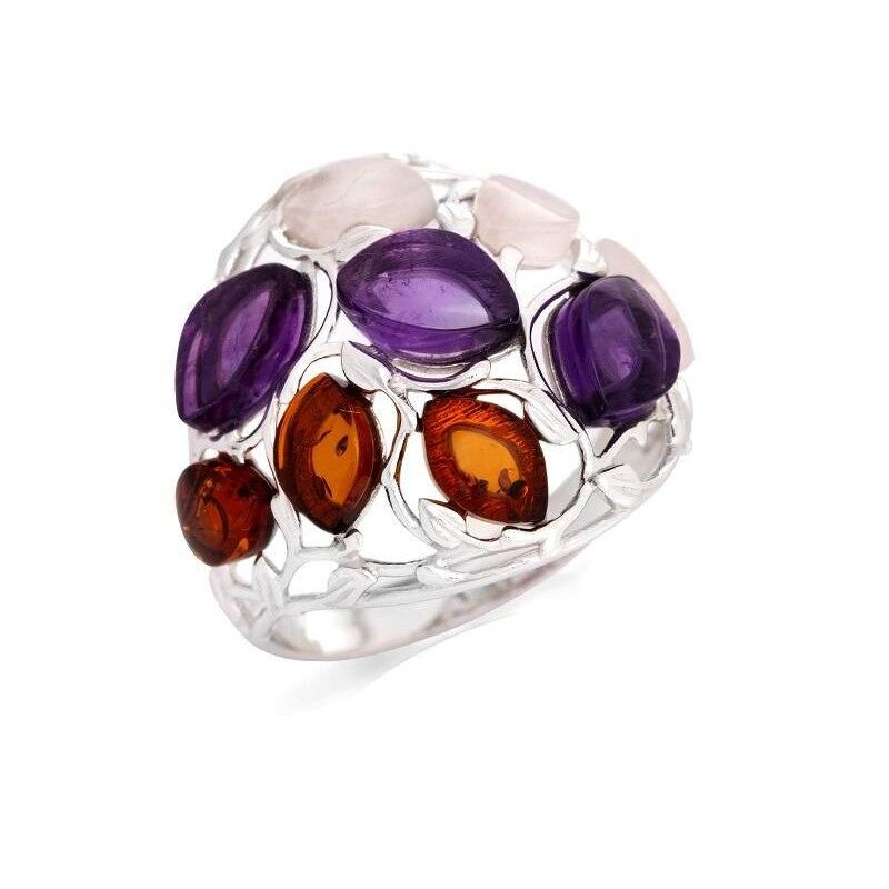 Bague avec multipierres multicolores naturelles, en argent rhodié 925/1000 - CSA-BA001