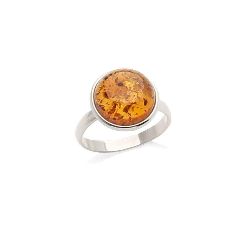 Anello tondo con ambra cognac naturale tonda, in argento rodiato 925/1000 - AMP0047R