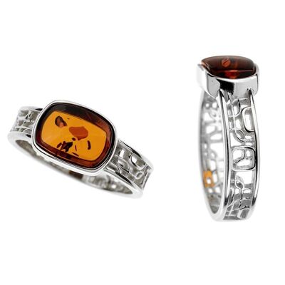 Bague rectangulaire avec ambre cognac naturel, en argent rhodié 925/1000 - SA3268ROR