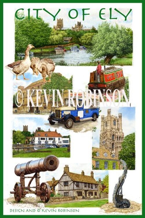 Ely Tea Towel.Multi Image. Cambridgeshire