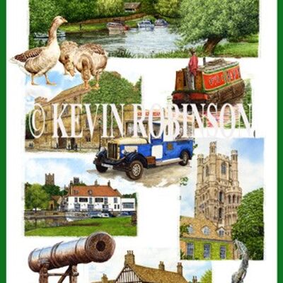 Ely Tea Towel.Multi Image. Cambridgeshire