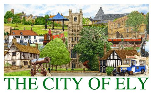 Tea Towel, ( Cotton), City of Ely montage. ( Cambridgeshire)