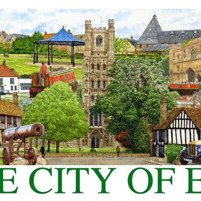 Tea Towel, ( Cotton), City of Ely montage. ( Cambridgeshire)