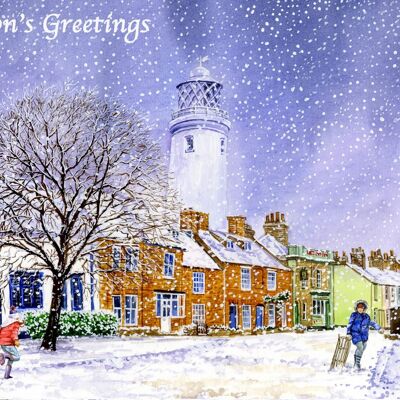 Eine Packung mit 6 Weihnachtskarten. Winterzauber Southwold, Suffolk.