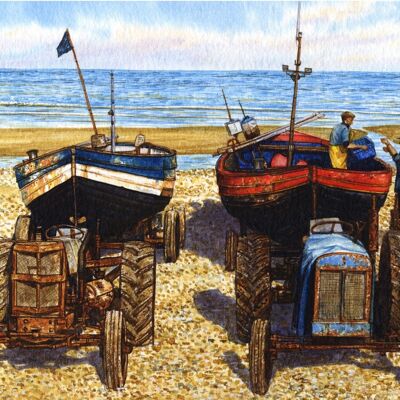 Carte, bateaux sur la plage de Cromer. Norfolk.