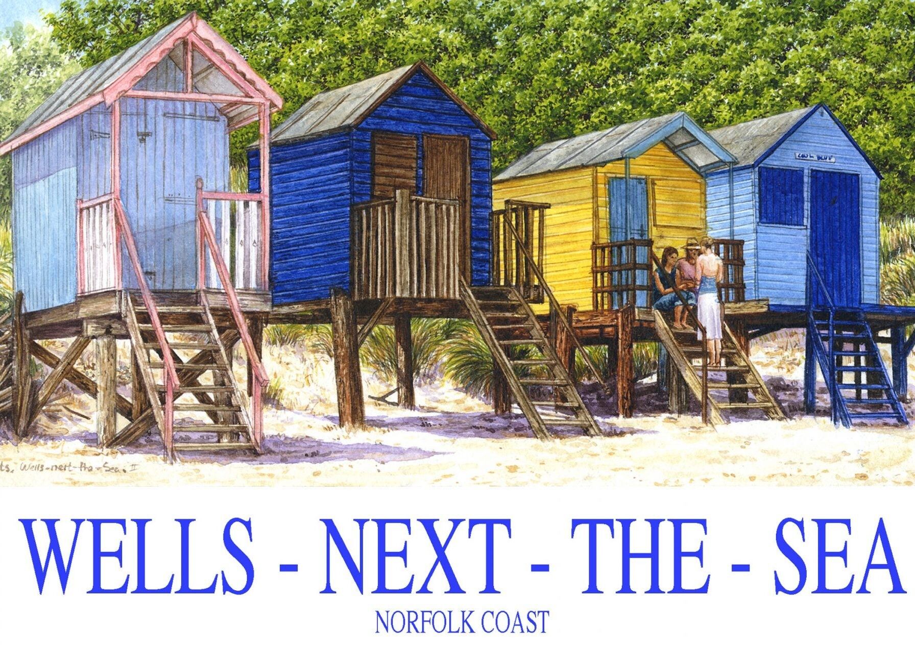 Card, Wells vicino al mare, capanne sulla spiaggia. Norfolk.