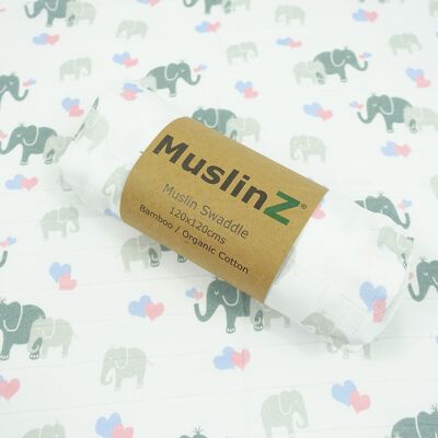 MuslinZ 1pk Coperta Swaddle in bambù/cotone biologico Stampa elefante