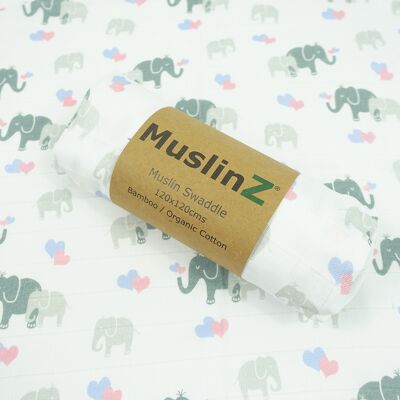MuslinZ 1pk Bamboo/Organic Cotton Swaddle Blanket Elephant print