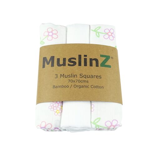 MuslinZ 3pk Bamboo/Organic Cotton Muslin Squares Flower print/White