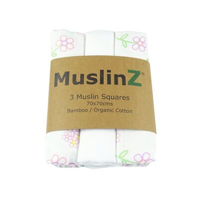 MuslinZ 3pz Quadrati di mussola di bambù/cotone biologico Stampa floreale/Bianco