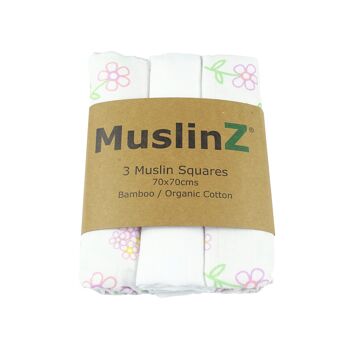 MuslinZ Lot de 3 carrés de mousseline de bambou/coton biologique Imprimé floral/Blanc 1