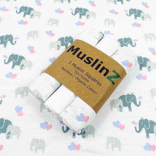MuslinZ 3pk Bamboo/Organic Cotton Muslin Squares Elephant print