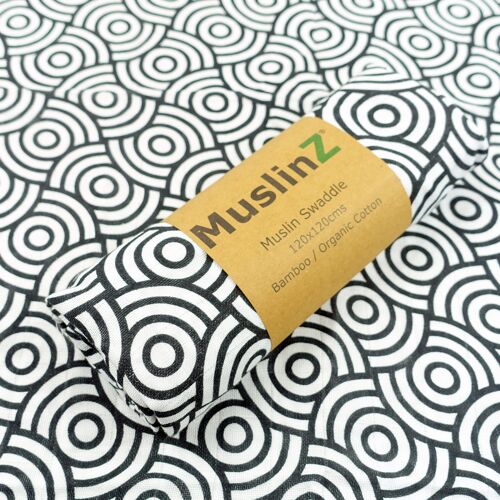 MuslinZ 1pk Bamboo/Organic Cotton Swaddle Blanket Black Swirl - Sensory print