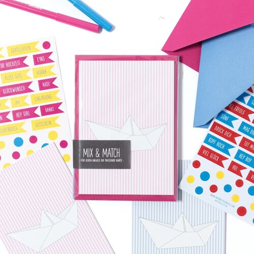 Mix & Match Kartenset "Papierboot mit Fähnchen" - rosa und hellblau