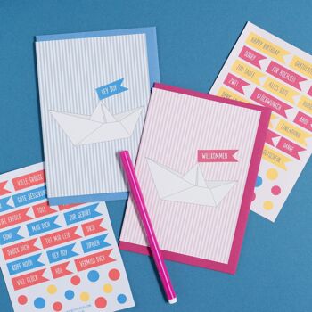 Set de cartes Mix & Match "Paper Boat with Flags" - rose et bleu clair 2